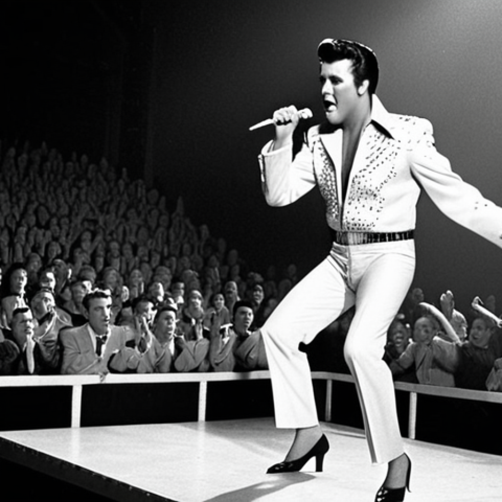 **Prompt:** Elvis Presley performing on stage in the 1950s, hip shaking, with a spotlight on him. The background is blurred, suggesting a large crowd. Capture the energy and excitement of early rock and roll.