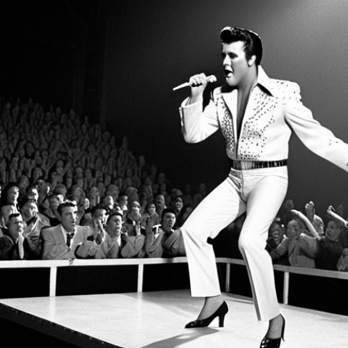 Home 4 **Prompt:** Elvis Presley performing on stage in the 1950s, hip shaking, with a spotlight on him. The background is blurred, suggesting a large crowd. Capture the energy and excitement of early rock and roll.
