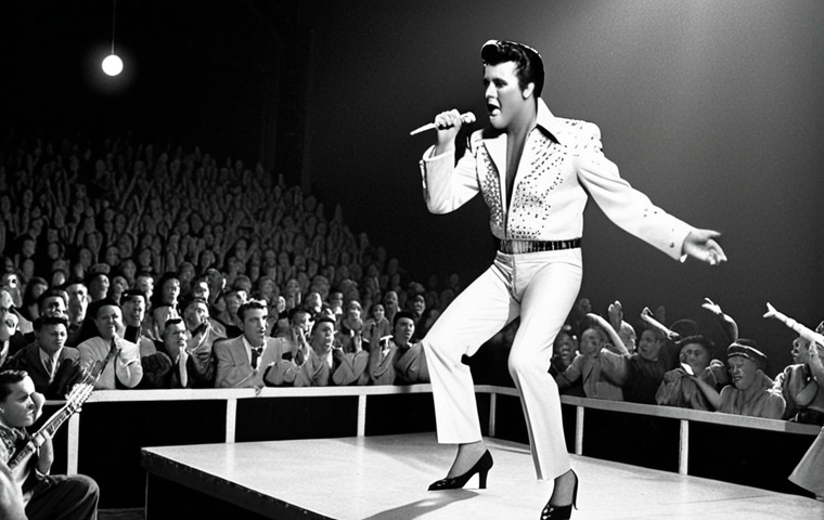 **Prompt:** Elvis Presley performing on stage in the 1950s, hip shaking, with a spotlight on him. The background is blurred, suggesting a large crowd. Capture the energy and excitement of early rock and roll.