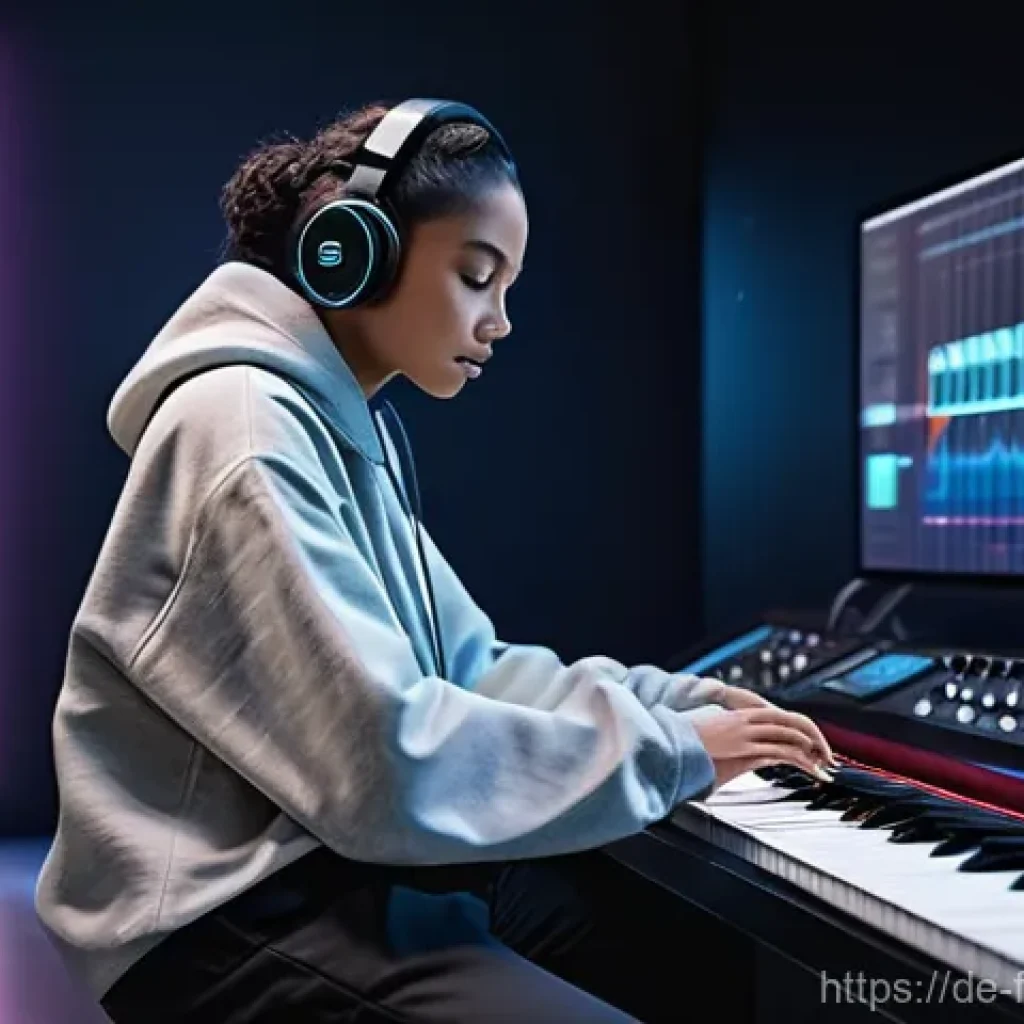 퓨처리스틱 팝 음악 트렌드와 주요 사례 - **AI Music Collaboration in a Futuristic Studio**
    A diverse young pop music producer, wearing a ...