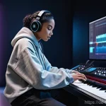 퓨처리스틱 팝 음악 트렌드와 주요 사례 - **AI Music Collaboration in a Futuristic Studio**
    A diverse young pop music producer, wearing a ...