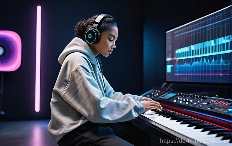 퓨처리스틱 팝 음악 트렌드와 주요 사례 - **AI Music Collaboration in a Futuristic Studio**
    A diverse young pop music producer, wearing a ...