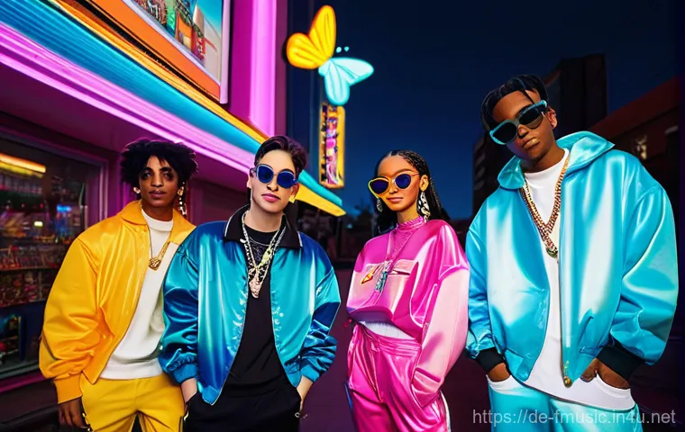 퓨처리스틱 팝 음악 트렌드와 주요 사례 - **AI Music Collaboration in a Futuristic Studio**
    A diverse young pop music producer, wearing a ...