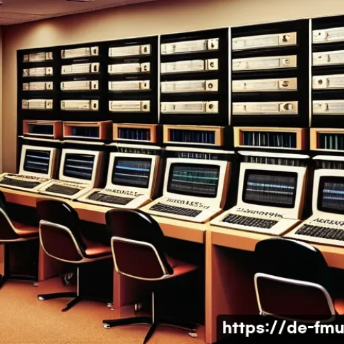 빌보드 핫100의 역사와 차트 1위 기록 - A dynamic, detailed digital illustration of a 1990s music chart data room, showing vintage computers...