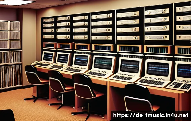 빌보드 핫100의 역사와 차트 1위 기록 - A dynamic, detailed digital illustration of a 1990s music chart data room, showing vintage computers...