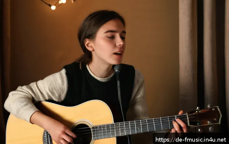 레디오헤드의 Creep 원곡과 리메이크 사례 - A young female singer-songwriter performing an intimate acoustic cover of "Creep" in a cozy, warmly ...