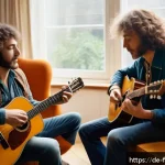 레드 제플린 Stairway to Heaven 작곡 과정 - A cozy 1970s living room scene where two musicians, resembling Jimmy Page and Robert Plant, are casu...
