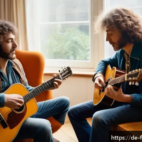 레드 제플린 Stairway to Heaven 작곡 과정 - A cozy 1970s living room scene where two musicians, resembling Jimmy Page and Robert Plant, are casu...