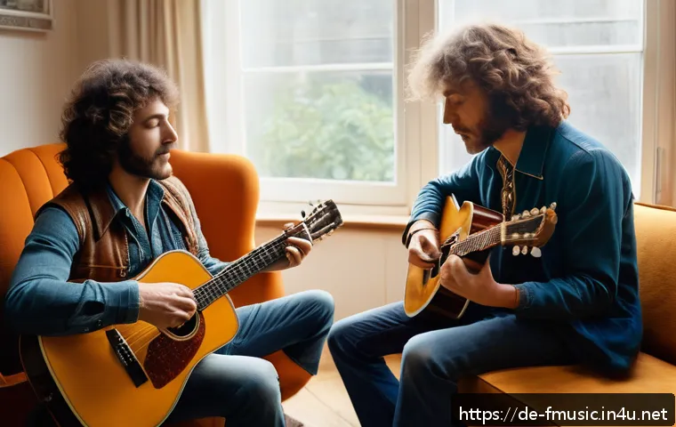 레드 제플린 Stairway to Heaven 작곡 과정 - A cozy 1970s living room scene where two musicians, resembling Jimmy Page and Robert Plant, are casu...